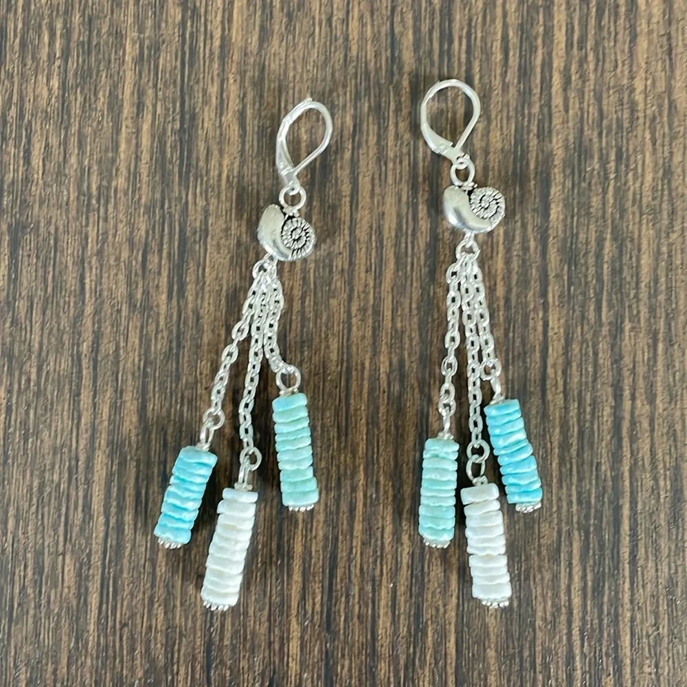 HAND CRAFTED BEACHY TASSEL EARRINGS Aqua and White Shell Rondelles